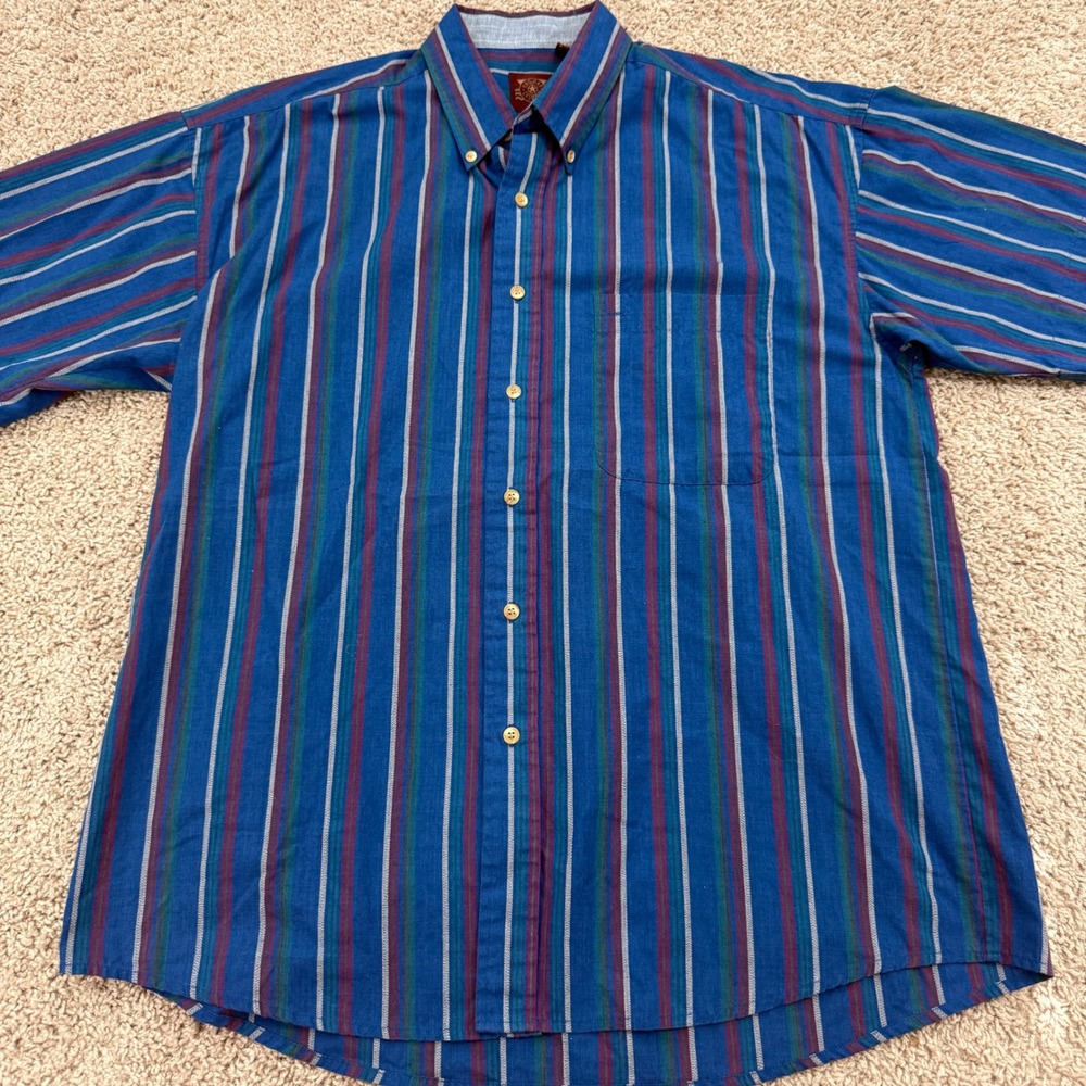 Vintage 90s Haggar Casuals Button Down Shirt Mens Large Blue Multi Stripe Good